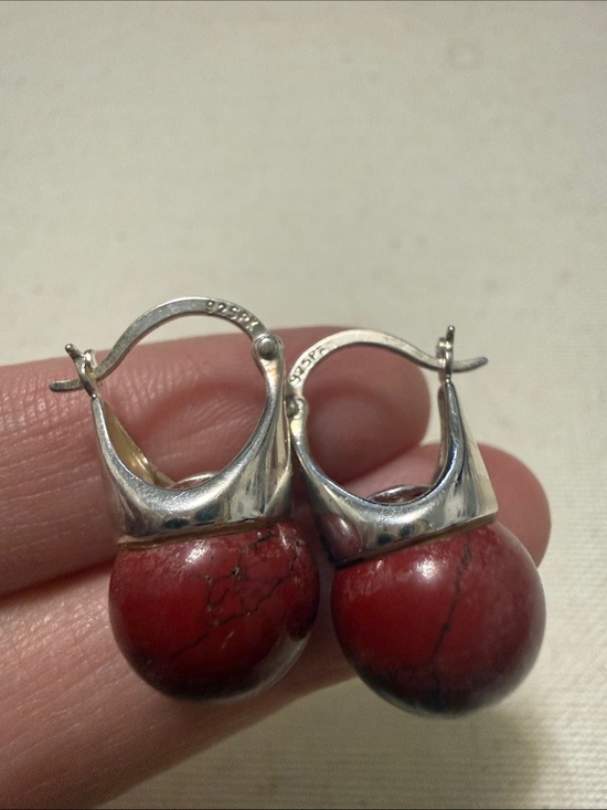 925 Sterling Silver Jewelry - Sterling Silver 925 Red Stone Drop Earrings